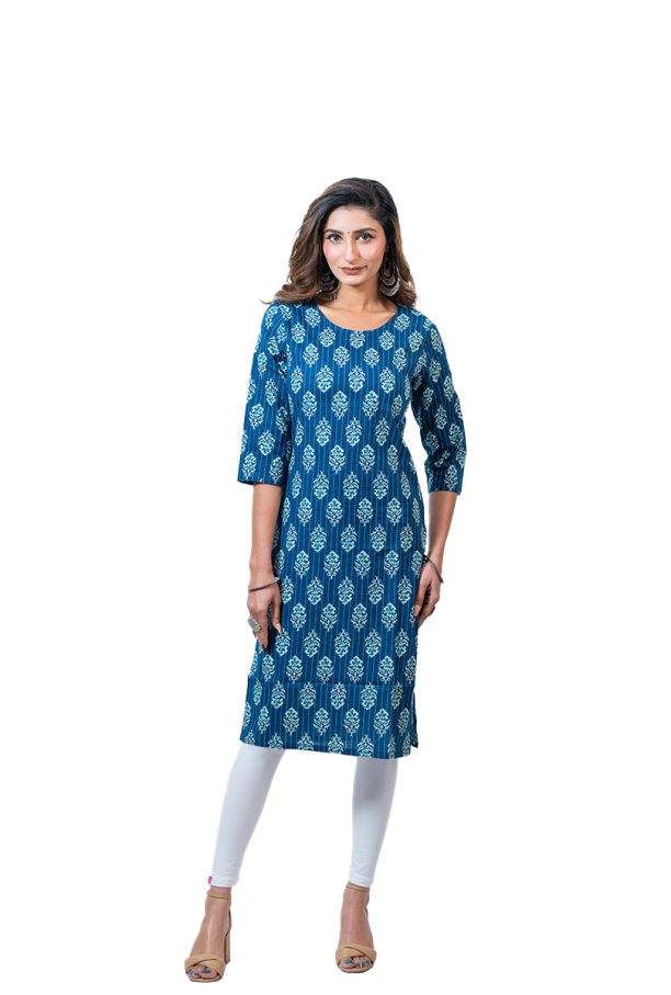 Women's Rayon Printed Straight Kurti, Blue and White Floral Pattern, 3/4 Sleeve, Knee Length - Image 5