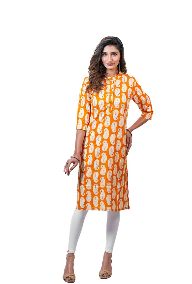 Printed Rayon Kurti, Orange and White Paisley Pattern, 3/4 Sleeve, Knee Length - Image 6