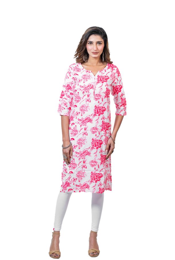Floral Print Rayon Kurti, 3/4 Sleeve, Pink and White, Casual Wear - Image 5