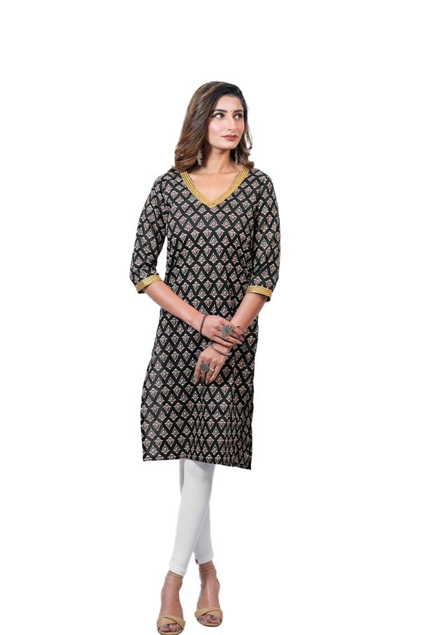 Women's Printed Cotton Kurti, V-Neck, 3/4 Sleeves, Black with Gold Trim, Traditional Diamond Pattern - Image 6