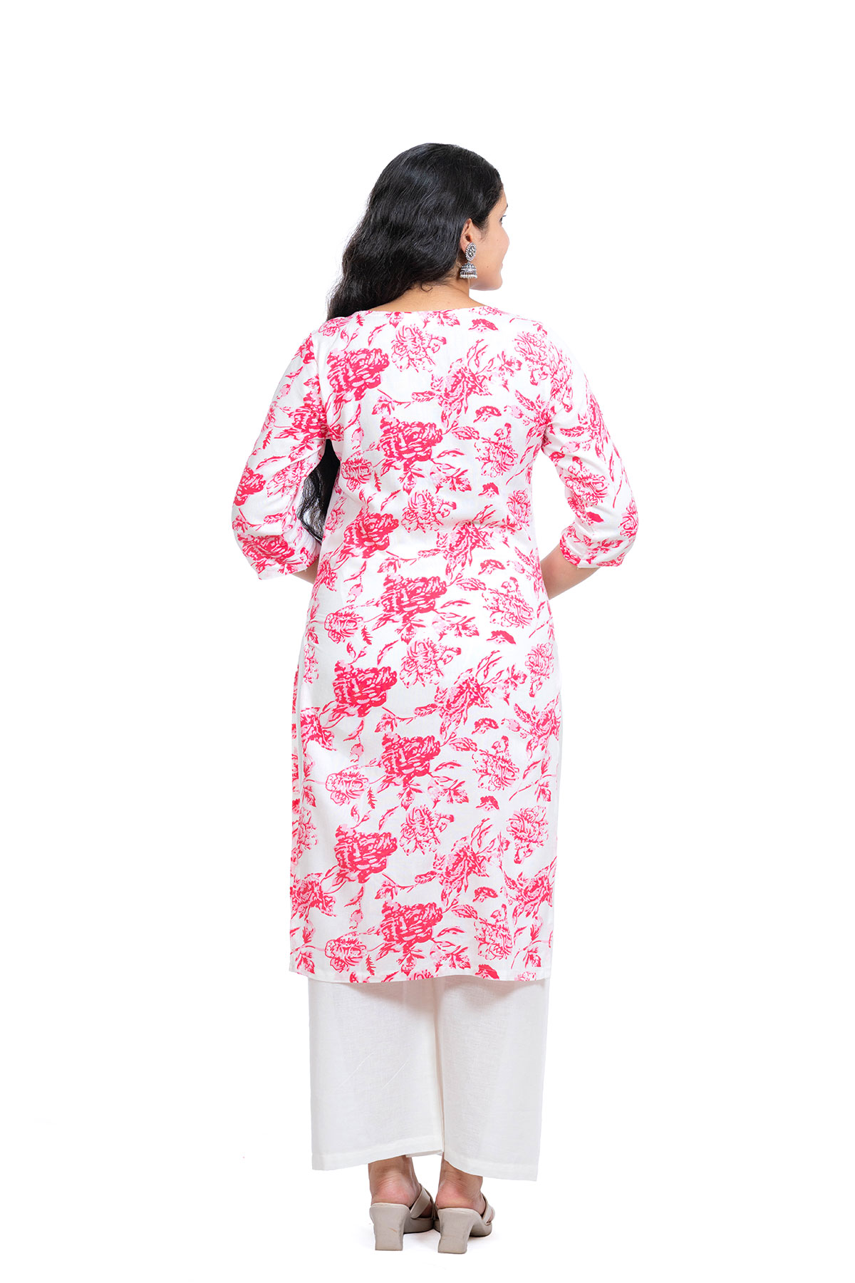 Floral Print Rayon Kurti, 3/4 Sleeve, Pink and White, Casual Wear