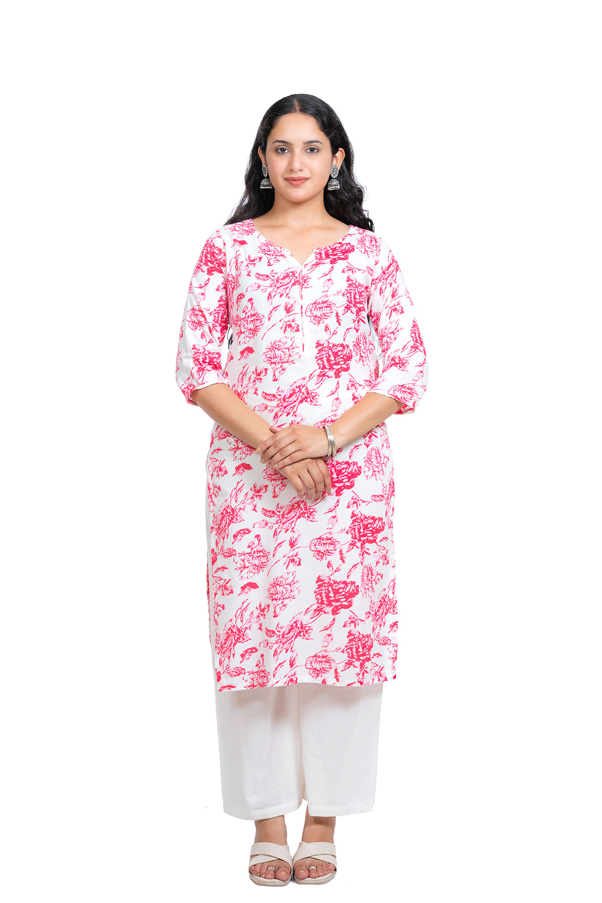 Floral Print Rayon Kurti, 3/4 Sleeve, Pink and White, Casual Wear