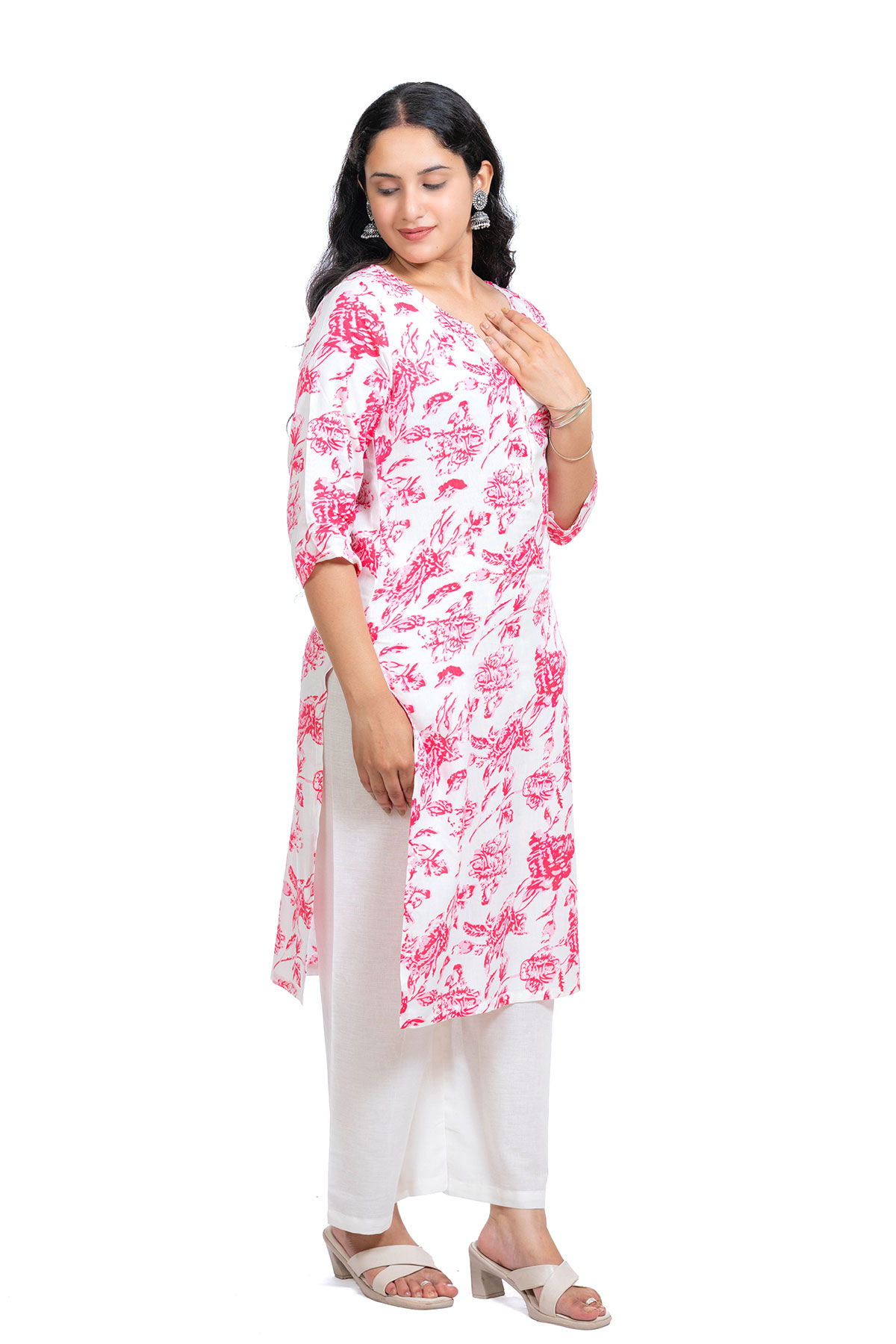 Floral Print Rayon Kurti, 3/4 Sleeve, Pink and White, Casual Wear