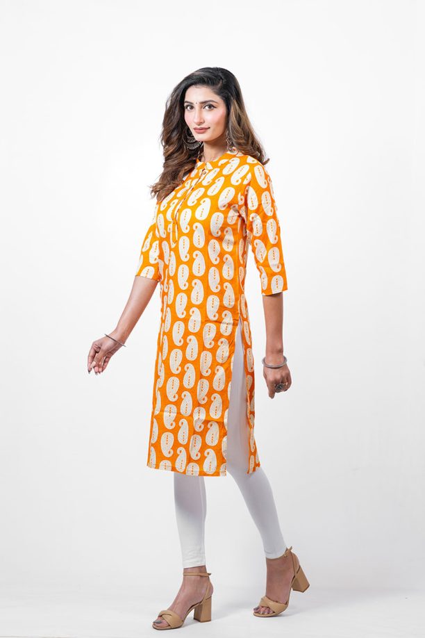 Printed Rayon Kurti, Orange and White Paisley Pattern, 3/4 Sleeve, Knee Length - Image 5