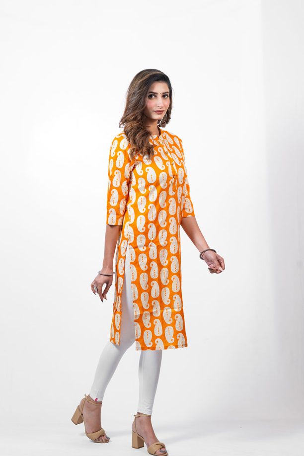 Printed Rayon Kurti, Orange and White Paisley Pattern, 3/4 Sleeve, Knee Length - Image 4