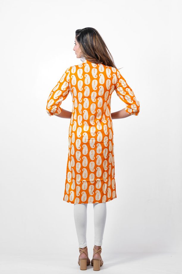 Printed Rayon Kurti, Orange and White Paisley Pattern, 3/4 Sleeve, Knee Length - Image 3