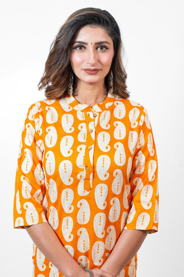 Printed Rayon Kurti, Orange and White Paisley Pattern, 3/4 Sleeve, Knee Length - Image 2