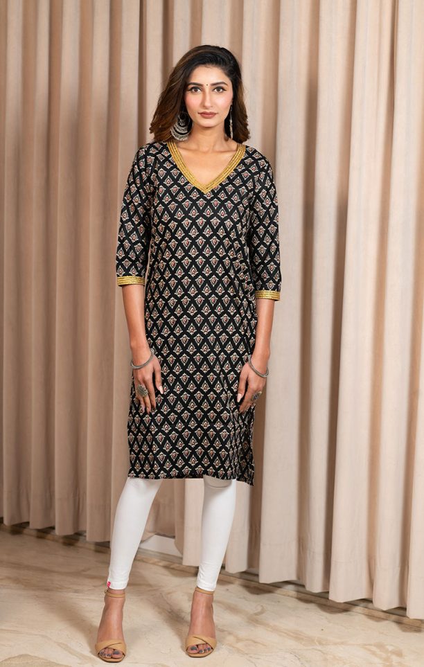 Women's Printed Cotton Kurti, V-Neck, 3/4 Sleeves, Black with Gold Trim, Traditional Diamond Pattern