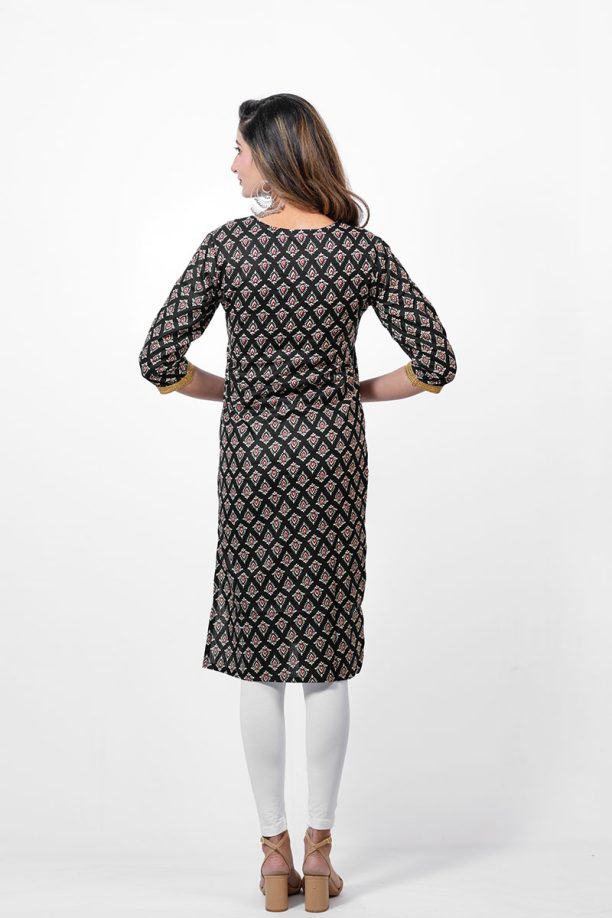 Women's Printed Cotton Kurti, V-Neck, 3/4 Sleeves, Black with Gold Trim, Traditional Diamond Pattern - Image 3