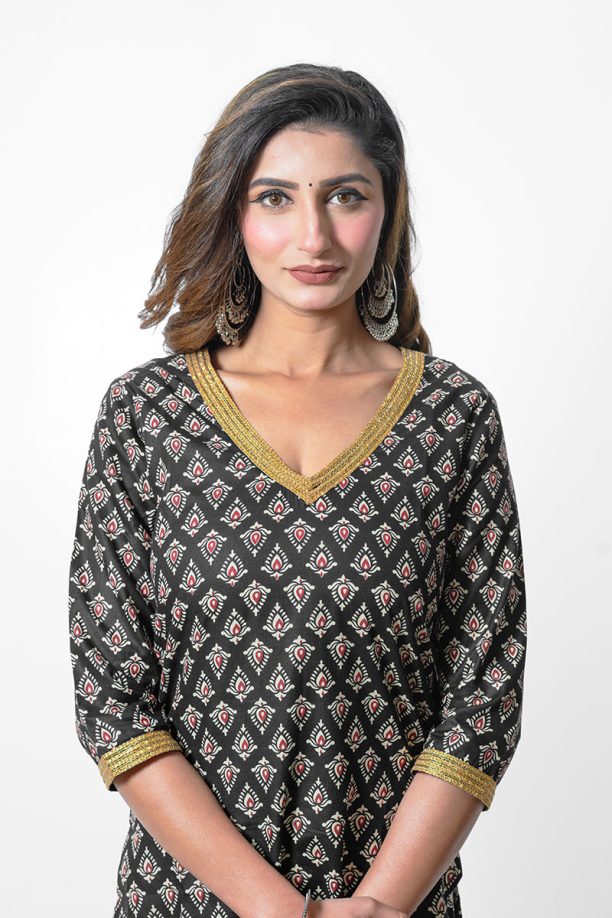 Women's Printed Cotton Kurti, V-Neck, 3/4 Sleeves, Black with Gold Trim, Traditional Diamond Pattern - Image 2