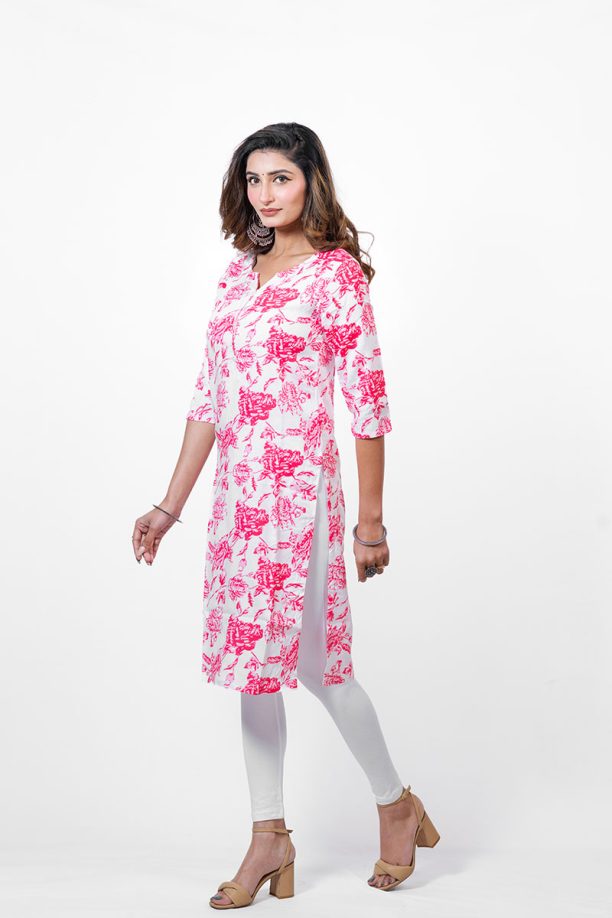 Floral Print Rayon Kurti, 3/4 Sleeve, Pink and White, Casual Wear - Image 4