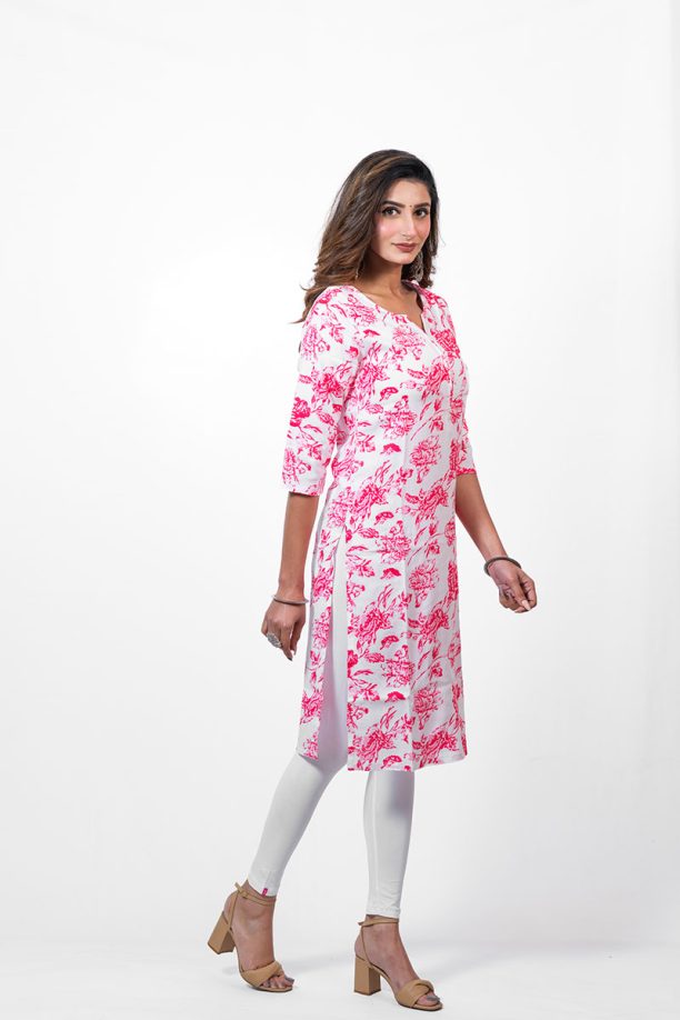 Floral Print Rayon Kurti, 3/4 Sleeve, Pink and White, Casual Wear - Image 3