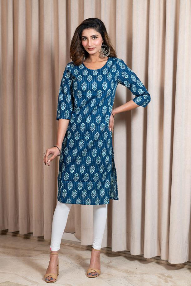 Women's Rayon Printed Straight Kurti, Blue and White Floral Pattern, 3/4 Sleeve, Knee Length