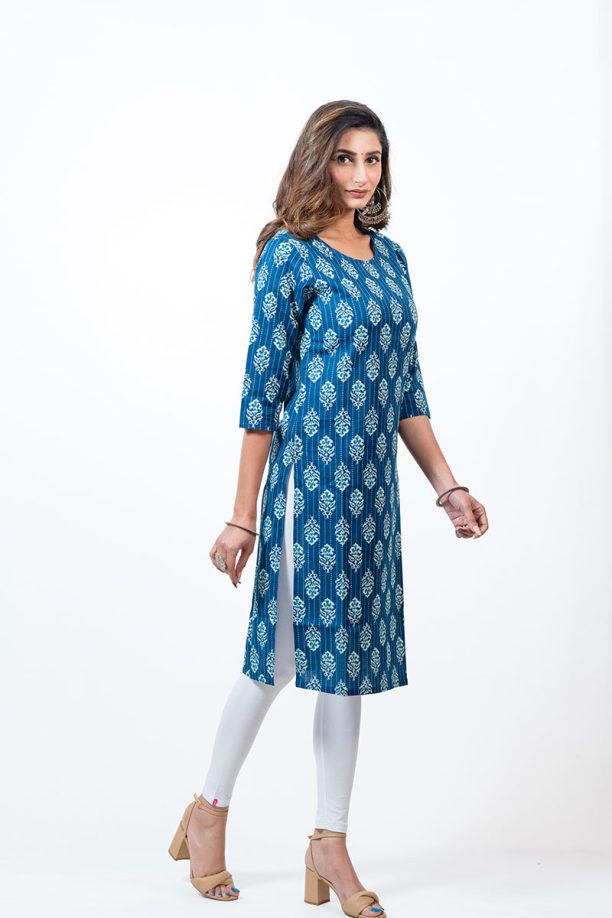 Women's Rayon Printed Straight Kurti, Blue and White Floral Pattern, 3/4 Sleeve, Knee Length - Image 4