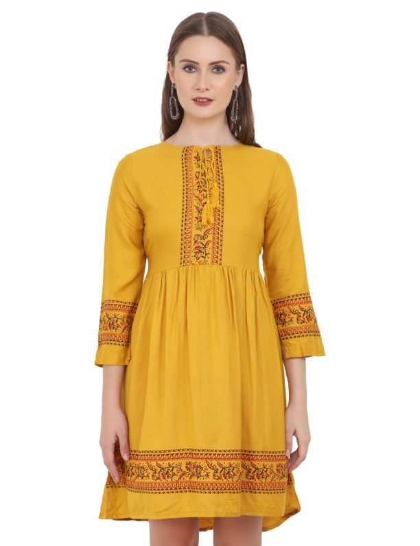 Tie Up Neck Embroidered A-Line Dress