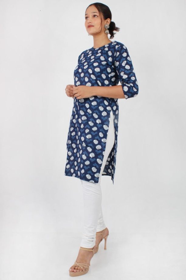 Cotton Printed Casual Kurti, Navy Blue with White Seashell Pattern - Image 4