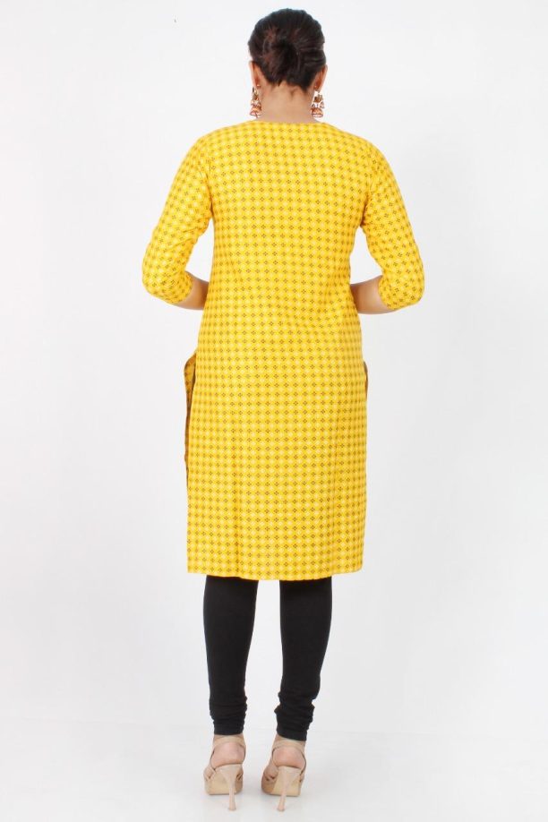 Women's Printed Rayon Kurti, 3/4 Sleeve, Yellow with Pattern, Casual Wear - Image 4