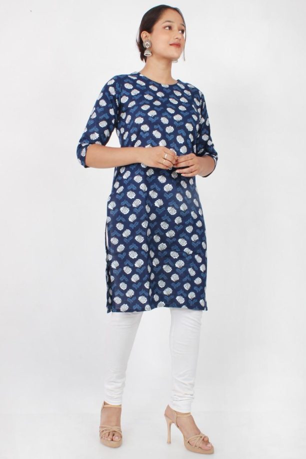Cotton Printed Casual Kurti, Navy Blue with White Seashell Pattern - Image 3