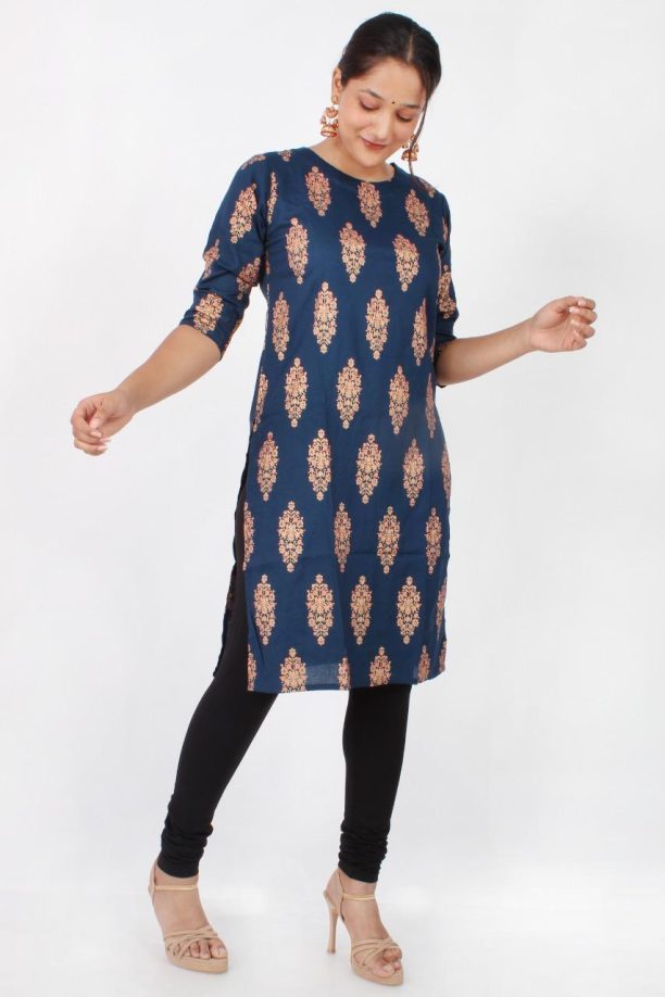 Rayon Printed Kurti with Floral Pattern, Navy Blue, Three-Quarter Sleeves - Image 2