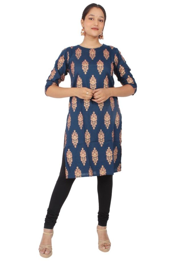 Rayon Printed Kurti with Floral Pattern, Navy Blue, Three-Quarter Sleeves