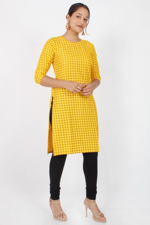 Women's Printed Rayon Kurti, 3/4 Sleeve, Yellow with Pattern, Casual Wear - Image 3