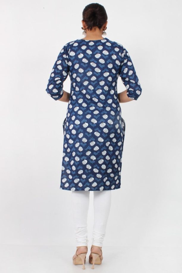 Cotton Printed Casual Kurti, Navy Blue with White Seashell Pattern - Image 2
