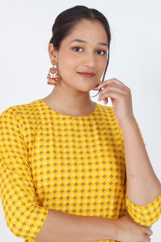 Women's Printed Rayon Kurti, 3/4 Sleeve, Yellow with Pattern, Casual Wear - Image 2