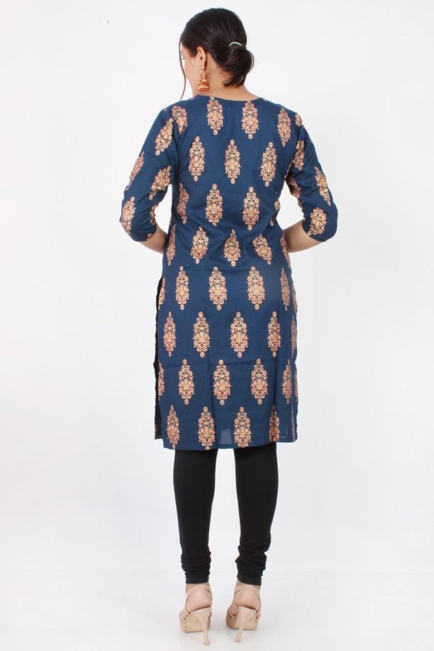 Rayon Printed Kurti with Floral Pattern, Navy Blue, Three-Quarter Sleeves - Image 5