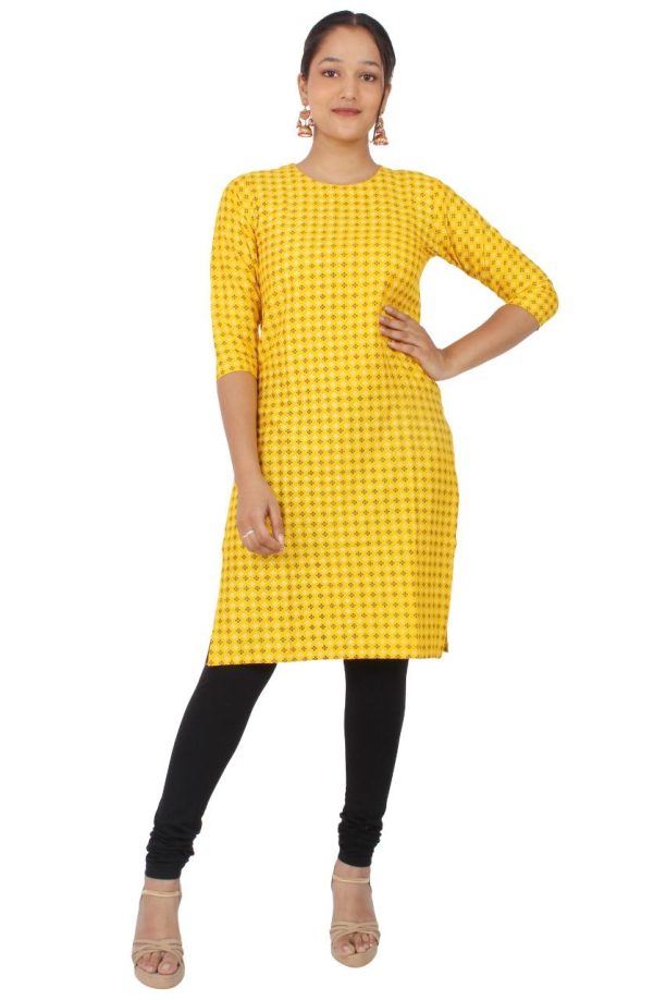 Women's Printed Rayon Kurti, 3/4 Sleeve, Yellow with Pattern, Casual Wear