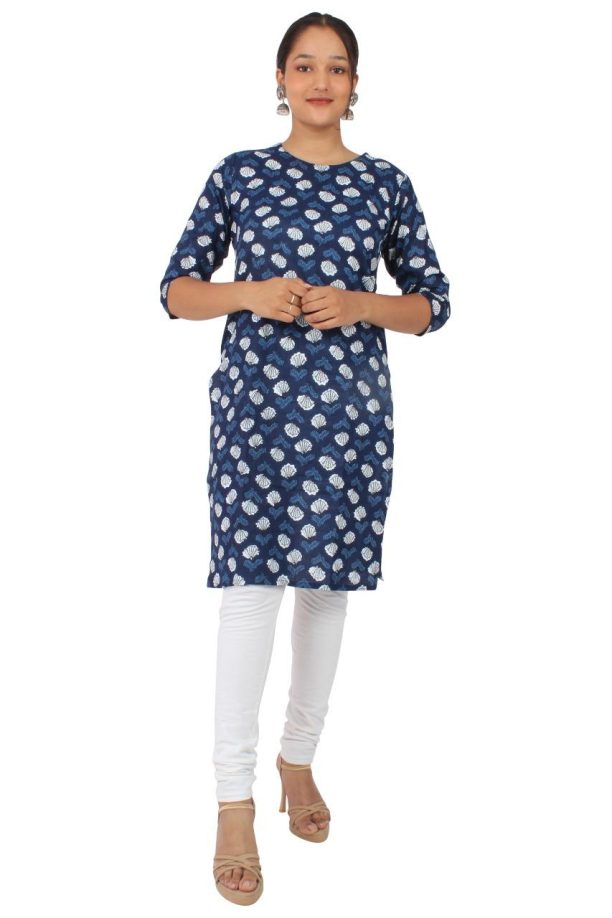 Cotton Printed Casual Kurti, Navy Blue with White Seashell Pattern