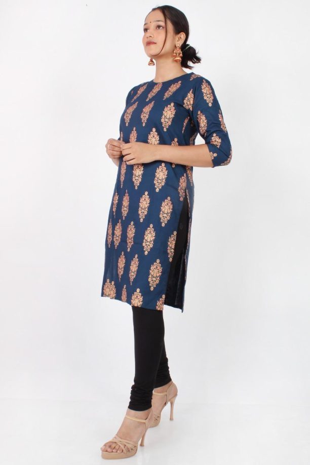 Rayon Printed Kurti with Floral Pattern, Navy Blue, Three-Quarter Sleeves - Image 4