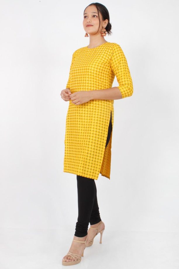 Women's Printed Rayon Kurti, 3/4 Sleeve, Yellow with Pattern, Casual Wear - Image 5