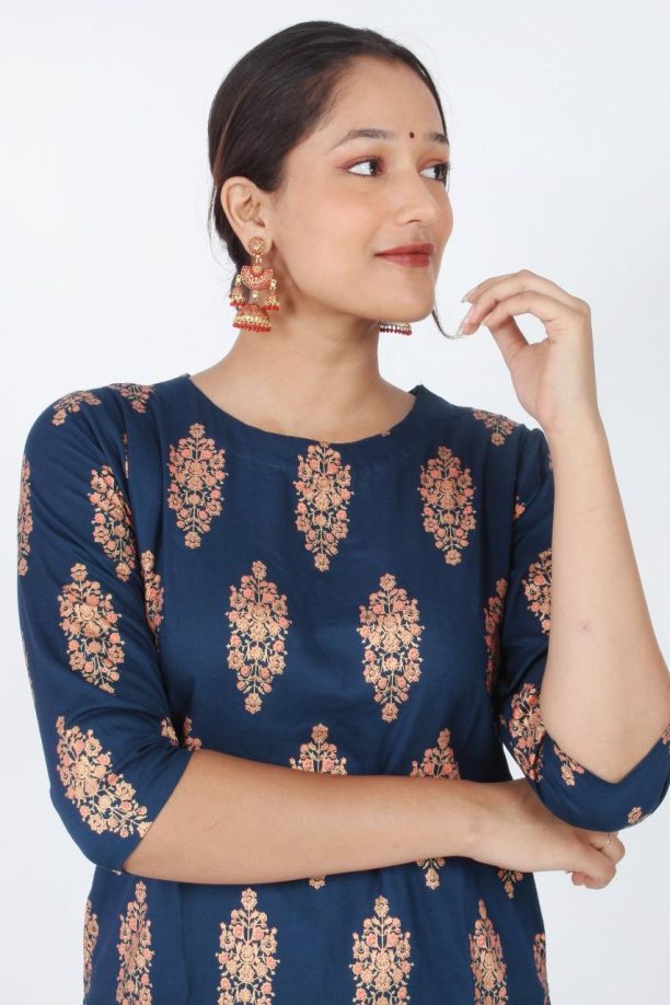 Rayon Printed Kurti with Floral Pattern, Navy Blue, Three-Quarter Sleeves - Image 3