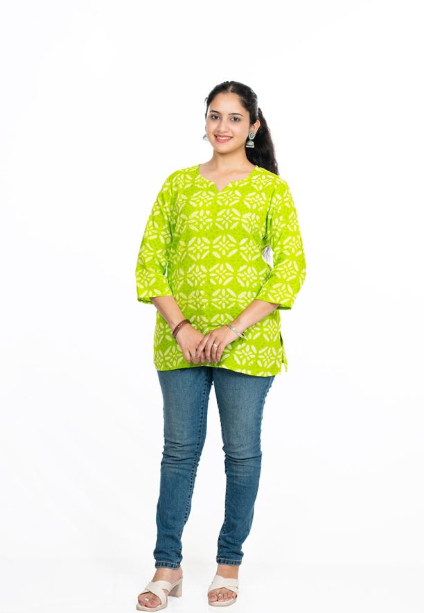 Shusha Kapda Women's Green Printed Cotton Top | Casual 3/4 Sleeve Straight Fit Kurti Top - Image 3