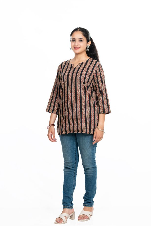 Shusha Kapda Women's Cotton Striped Printed Top | 3/4 Sleeve Casual Ethnic Kurti Top - Image 3
