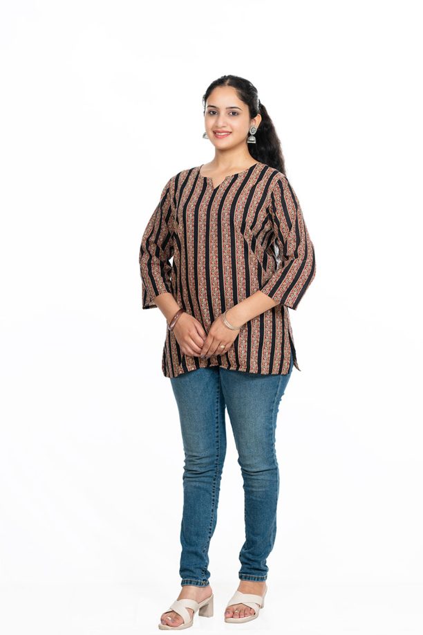 Shusha Kapda Women's Cotton Striped Printed Top | 3/4 Sleeve Casual Ethnic Kurti Top - Image 4