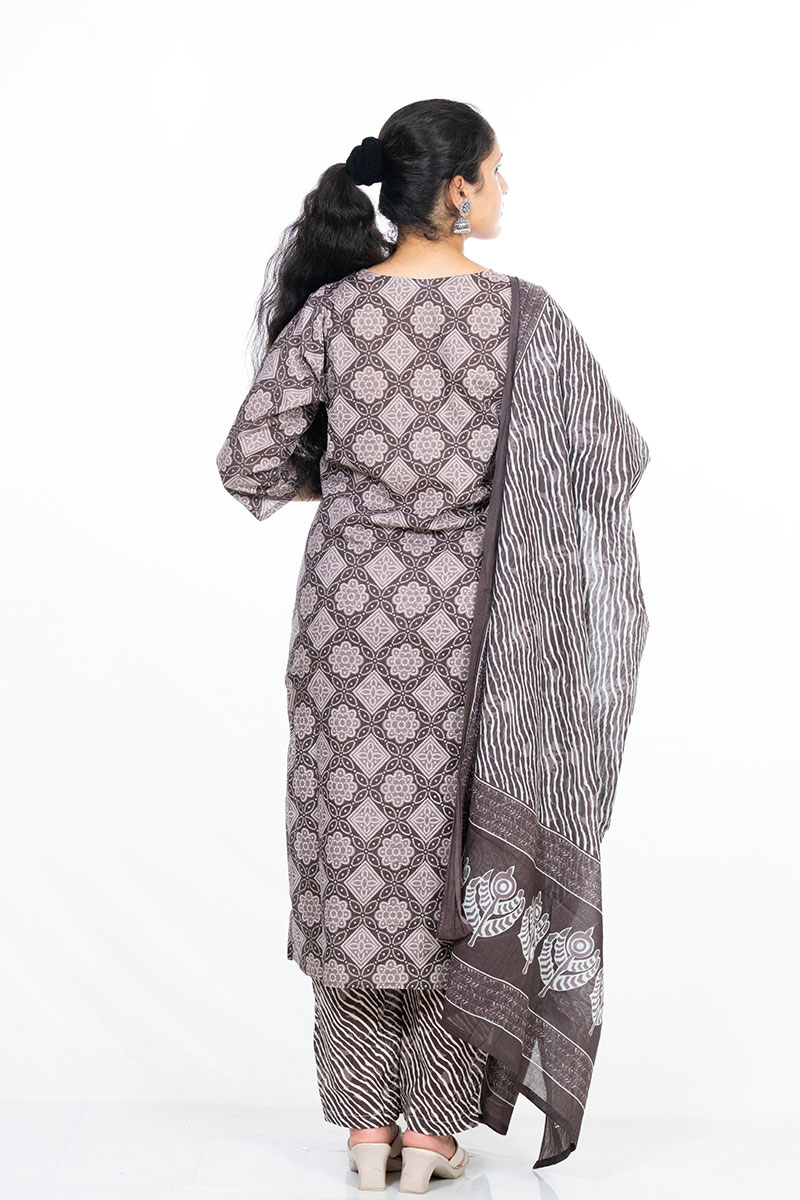 Shusha Kapda Women’s Cotton Printed Kurta Set with Pant and Dupatta - Brown & White, 3 Piece Set