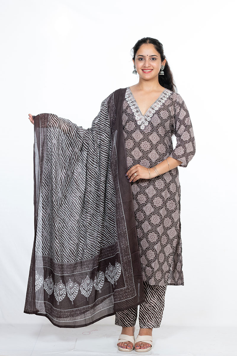 Shusha Kapda Women’s Cotton Printed Kurta Set with Pant and Dupatta - Brown & White, 3 Piece Set