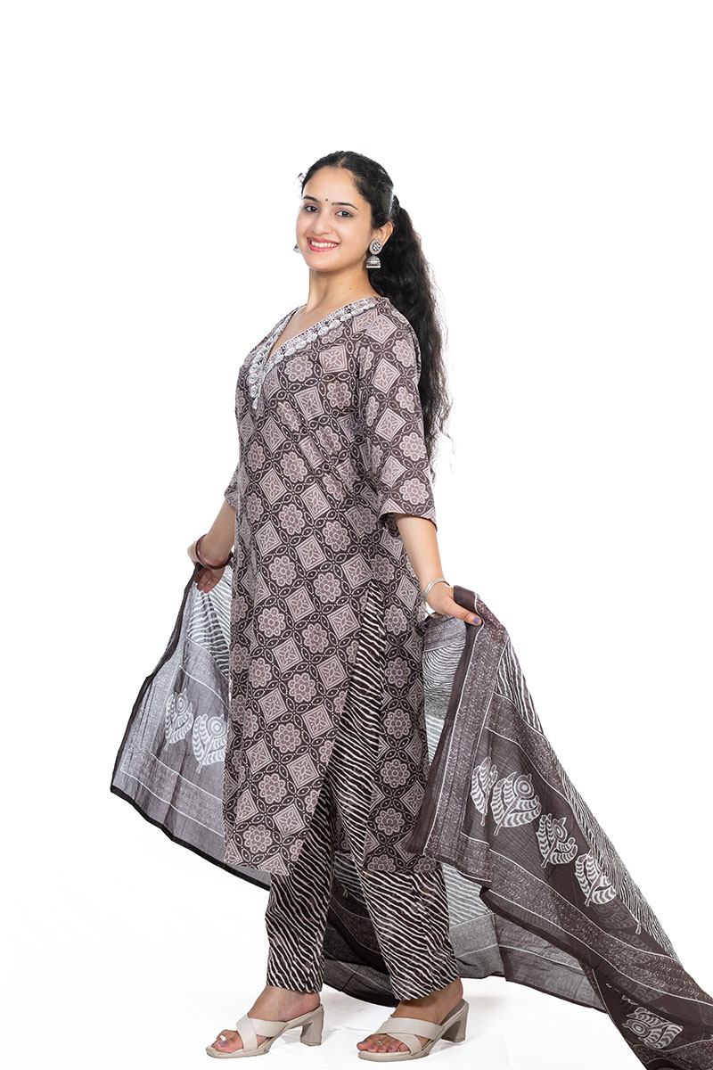 Shusha Kapda Women’s Cotton Printed Kurta Set with Pant and Dupatta - Brown & White, 3 Piece Set