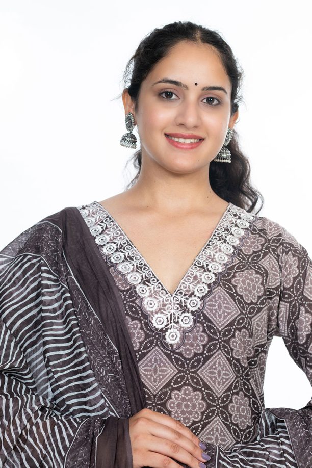Shusha Kapda Women’s Cotton Printed Kurta Set with Pant and Dupatta - Brown & White, 3 Piece Set - Image 5