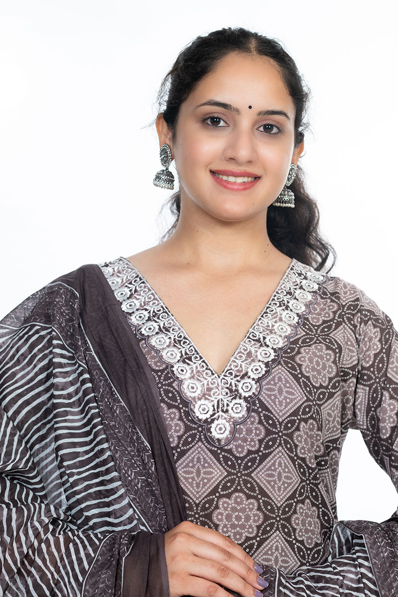 Shusha Kapda Women’s Cotton Printed Kurta Set with Pant and Dupatta - Brown & White, 3 Piece Set
