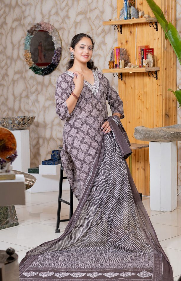 Shusha Kapda Women’s Cotton Printed Kurta Set with Pant and Dupatta - Brown & White, 3 Piece Set
