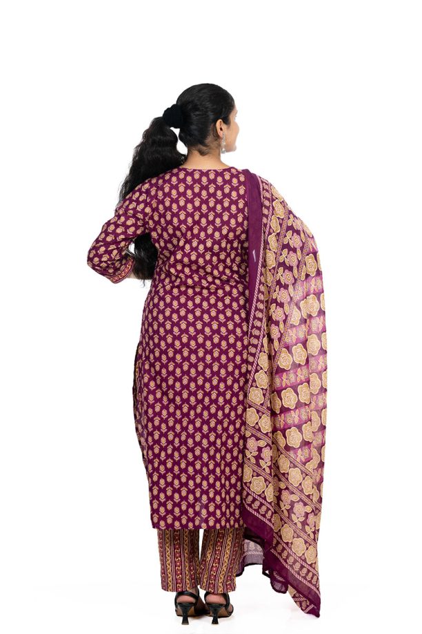 Shusha Kapda Women’s Cotton Printed Kurta Set with Pant and Dupatta - Maroon & Mustard, 3 Piece Ethnic Set - Image 2
