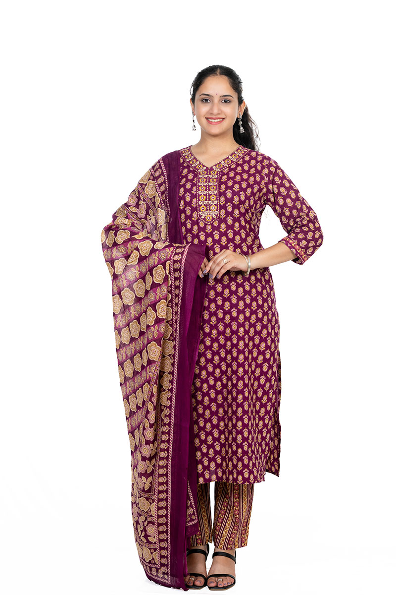 Shusha Kapda Women’s Cotton Printed Kurta Set with Pant and Dupatta - Maroon & Mustard, 3 Piece Ethnic Set