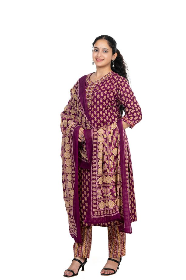 Shusha Kapda Women’s Cotton Printed Kurta Set with Pant and Dupatta - Maroon & Mustard, 3 Piece Ethnic Set - Image 4