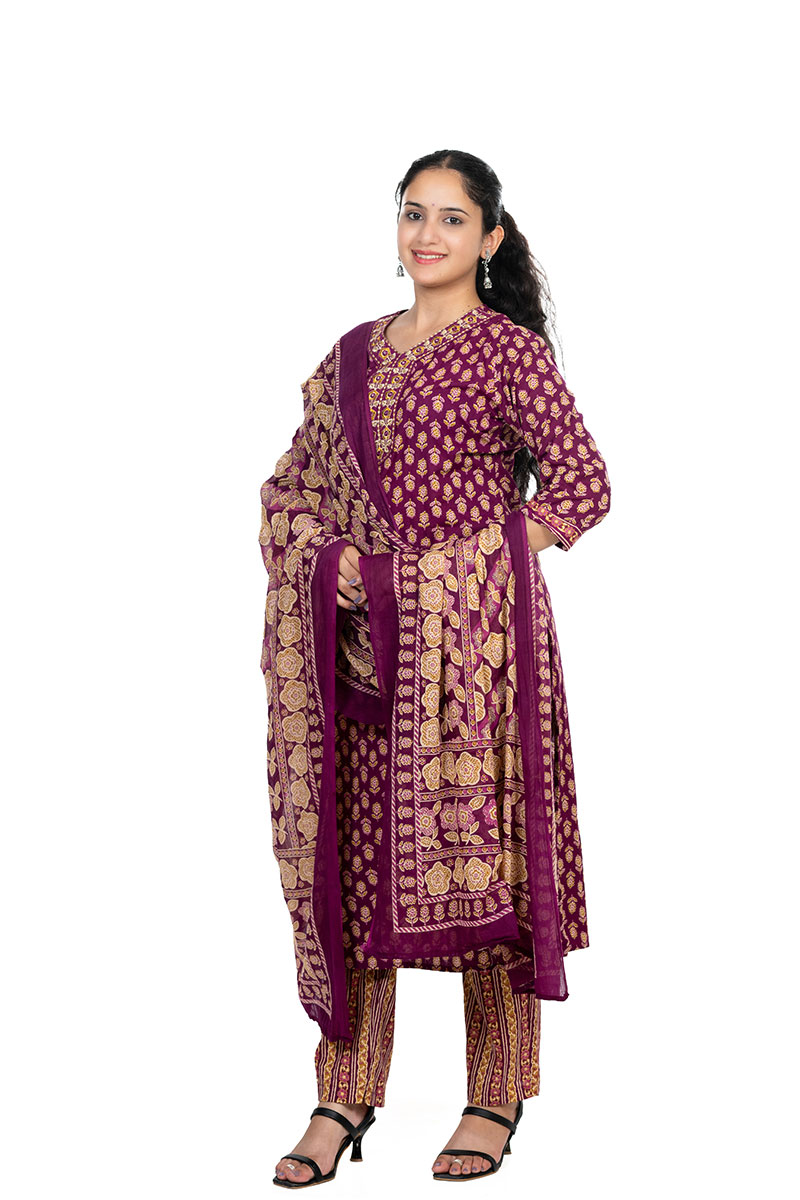 Shusha Kapda Women’s Cotton Printed Kurta Set with Pant and Dupatta - Maroon & Mustard, 3 Piece Ethnic Set