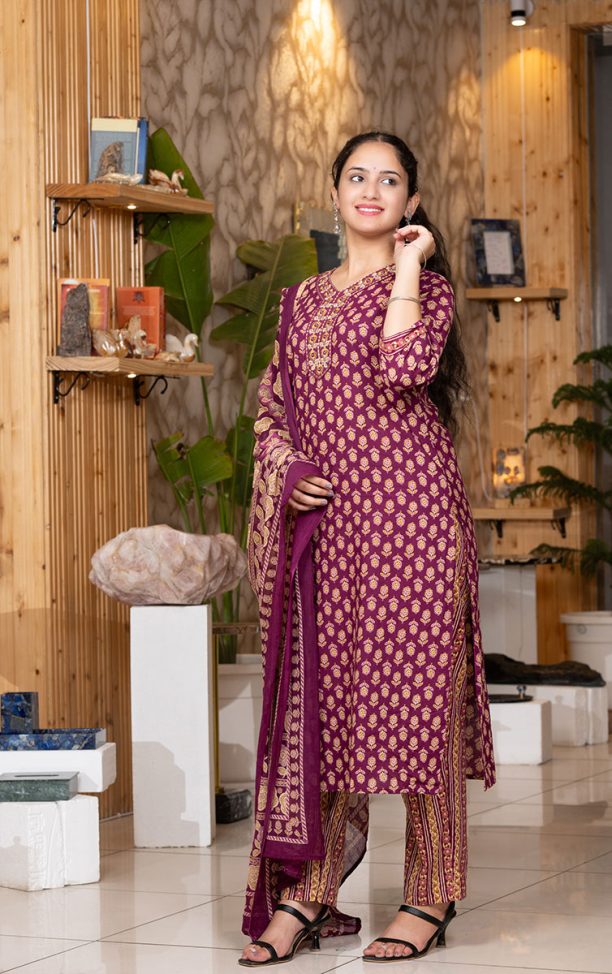 Shusha Kapda Women’s Cotton Printed Kurta Set with Pant and Dupatta - Maroon & Mustard, 3 Piece Ethnic Set