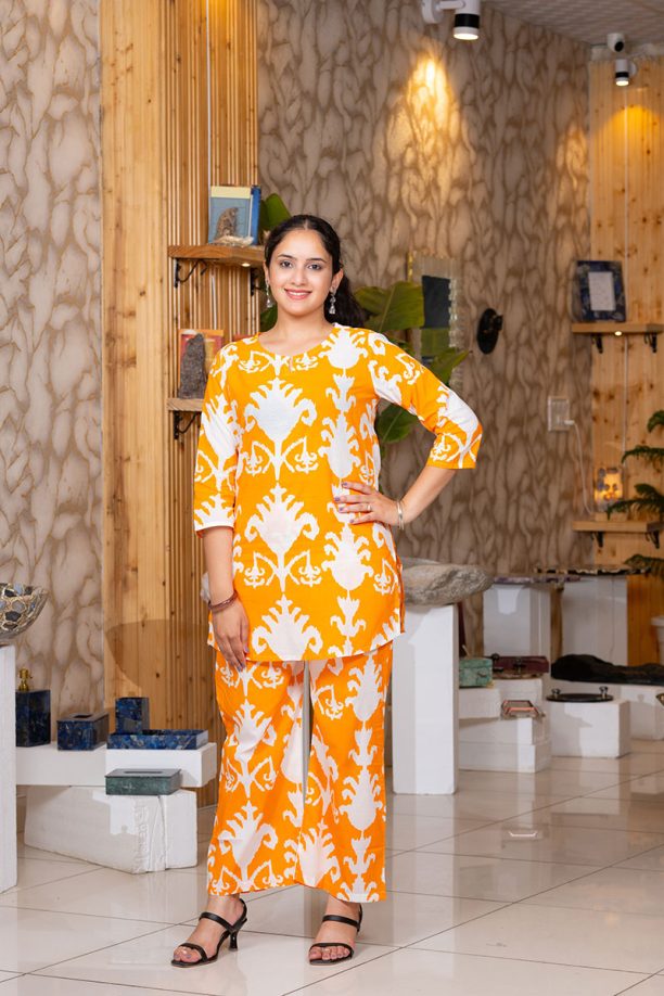 Shusha Kapda Women's Cotton Printed Co-Ord Set | Stylish Kurta & Pant Set | Orange & White Ikat Design