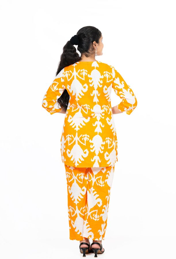 Shusha Kapda Women's Cotton Printed Co-Ord Set | Stylish Kurta & Pant Set | Orange & White Ikat Design - Image 2