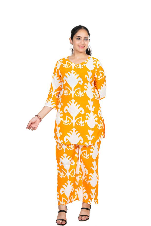 Shusha Kapda Women's Cotton Printed Co-Ord Set | Stylish Kurta & Pant Set | Orange & White Ikat Design - Image 3